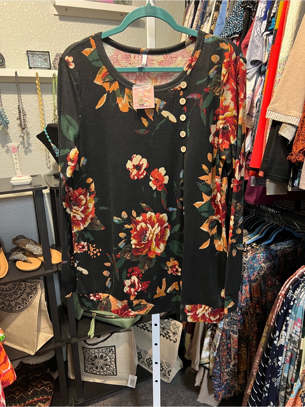 Black Floral Knit Top - with Front Button Feature